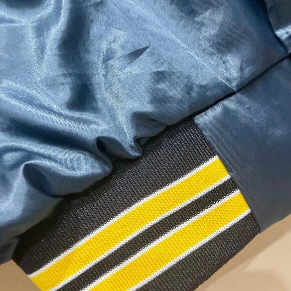 Y2K SATIN VARSITY BOMBER JACKET WESTSTARK TRENDY  SZ L BLUE/YELLOW MADE IN USA - Picture 10 of 16